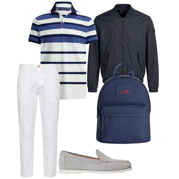 Outfit uomo - Lungo mare. per Mare. Abbinamento con borse sportive, pantaloni chino, bomber, scarpe stringate, polo.