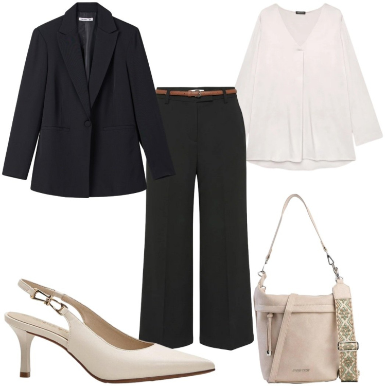 Outfit donna - Effortless, but on point - Black & White. Stile Chic per Tutti i giorni. Abbinamento con borse a tracolla, décolleté, pantaloni, blazer, bluse.