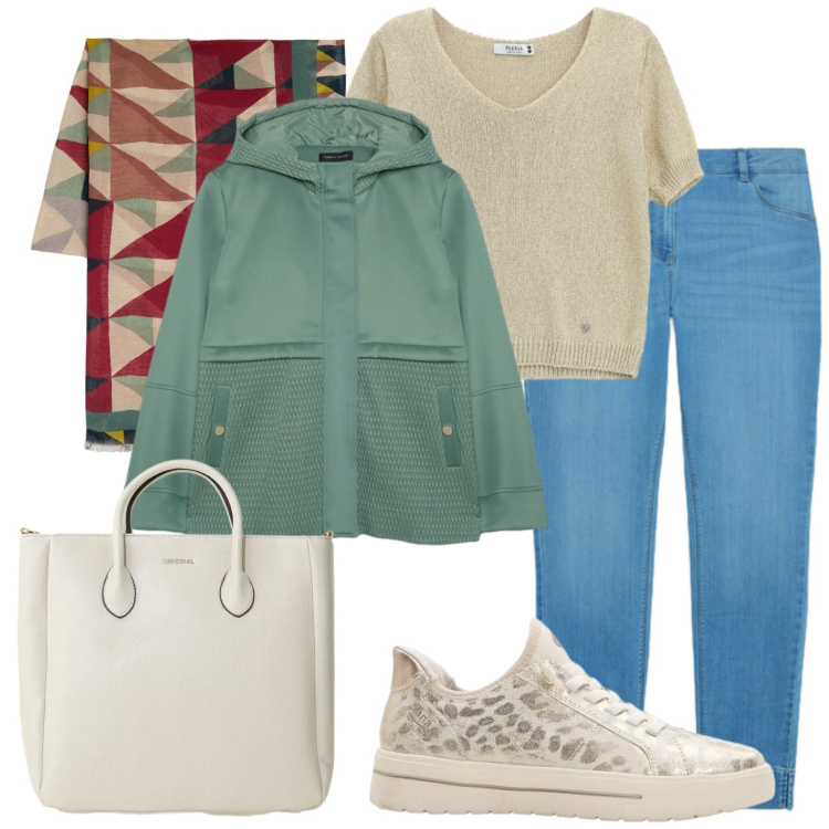 Outfit donna - Curvy style jeans. Stile Casual chic per Tutti i giorni. Abbinamento con sneakers, borse a tracolla, blazer, jeans skinny, maglieria, sciarpe.