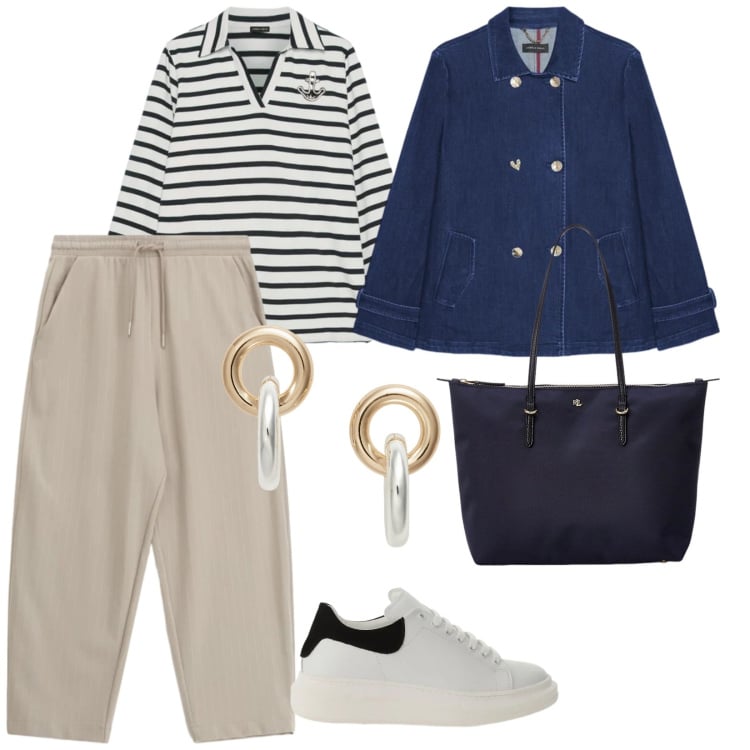 Outfit donna - Urban. per Tutti i giorni. Abbinamento con trench, polo, pantaloni, sneakers, borse tote, orecchini.