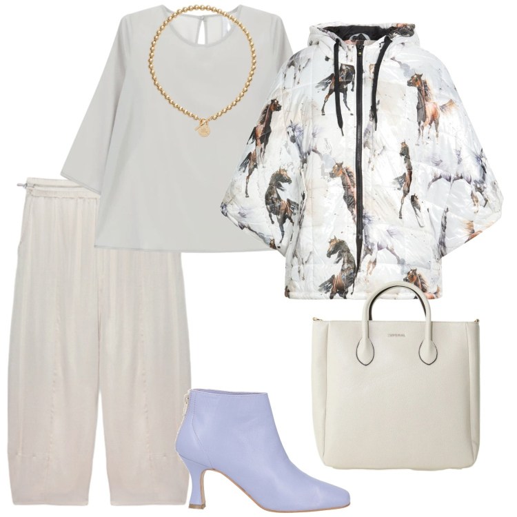 Outfit donna - Oggi nuvolo. per Tutti i giorni. Abbinamento con stivaletti, cappe, bluse, borse a tracolla, pantaloni, collane.