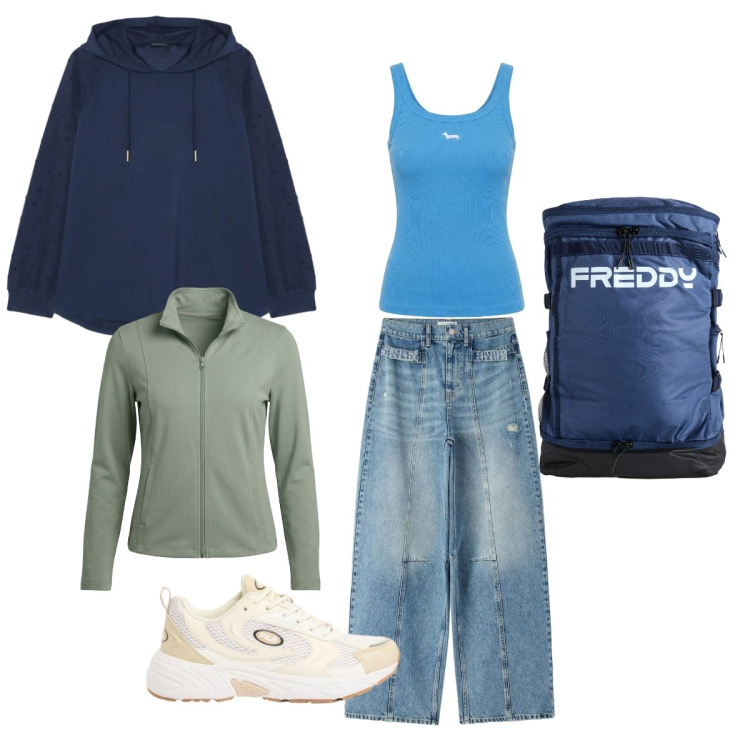 Outfit donna - Gita al lago. Stile Casual per Tutti i giorni. Abbinamento con sneakers, jeans, felpe con cappuccio, canottiere, zaini, felpe sportive.