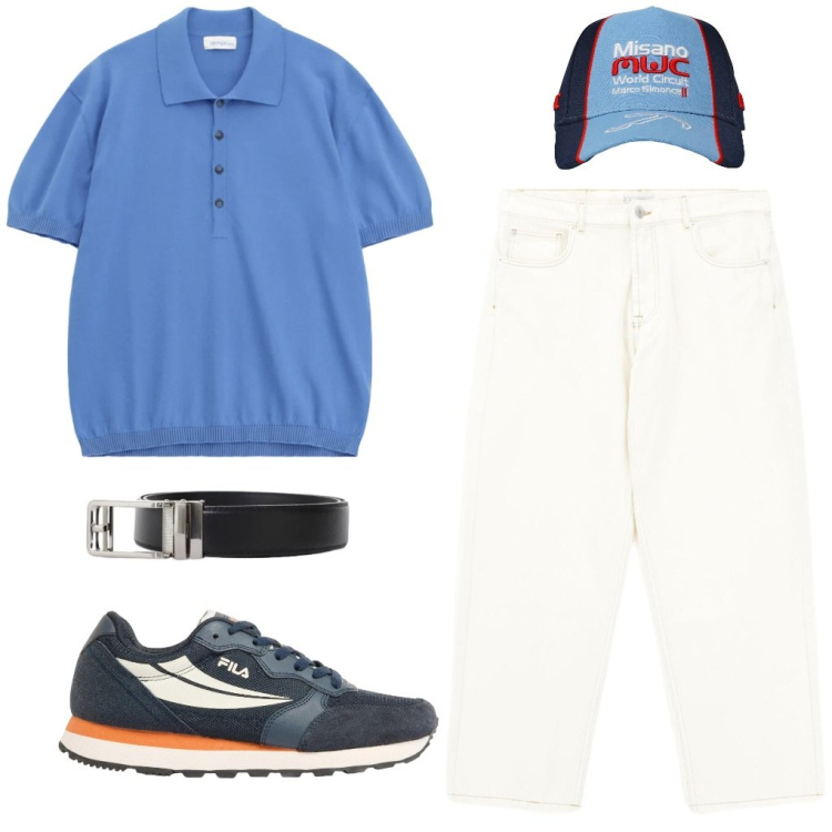 Outfit uomo - #bianco.blu. Stile Urban per Tutti i giorni. Abbinamento con sneakers, cappelli, jeans, cinture, polo.