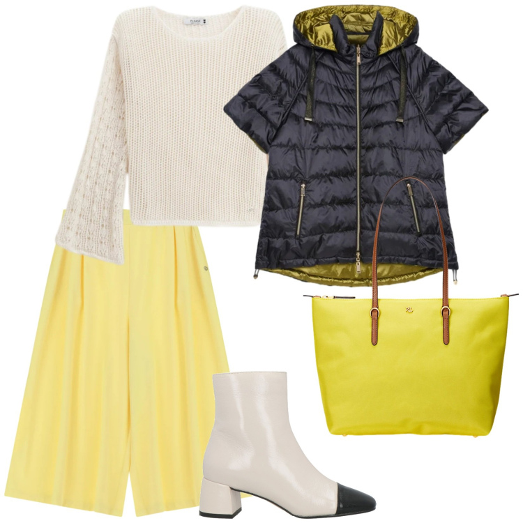 Outfit donna - Giallo passione. per Ufficio. Abbinamento con stivaletti, piumini, pantaloni a palazzo, maglieria, borse tote.