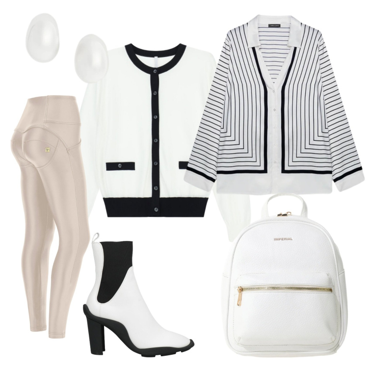 Outfit donna - Total look #2381727. Stile Casual chic per Ufficio. Abbinamento con stivaletti chelsea, zaini, cardigans, camicie, pantaloni skinny, orecchini.