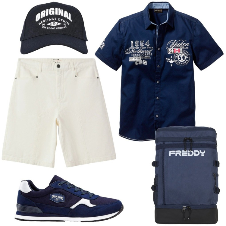 Outfit uomo - #gita.al.mare. Stile Urban per Tutti i giorni. Abbinamento con camicie a manica corta, sneakers, bermuda, cappelli con visiera, borse sportive.