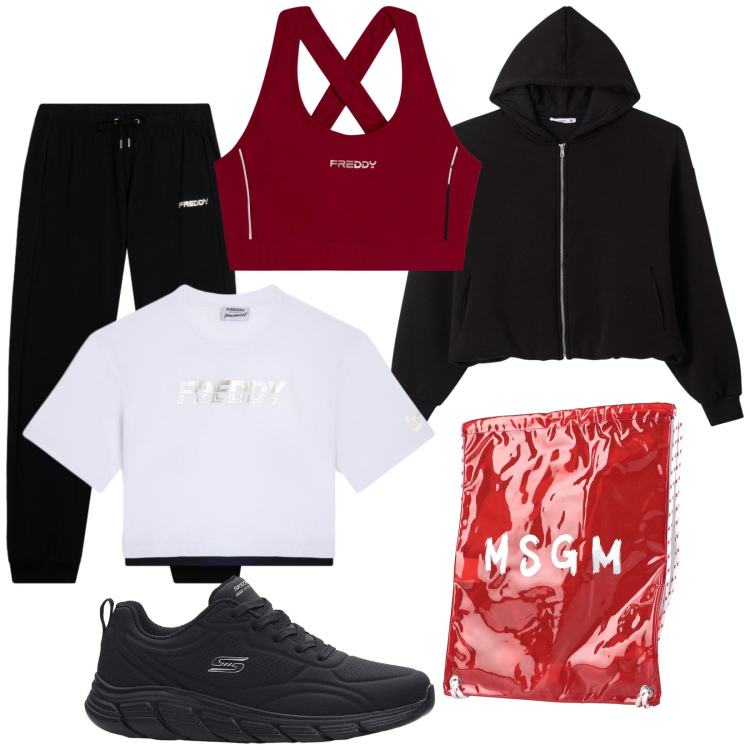 Outfit donna - Palestra time. Stile Casual per Sport. Abbinamento con zaini, sneakers, felpe con cappuccio, top sportivi, t-shirt, pantaloni.