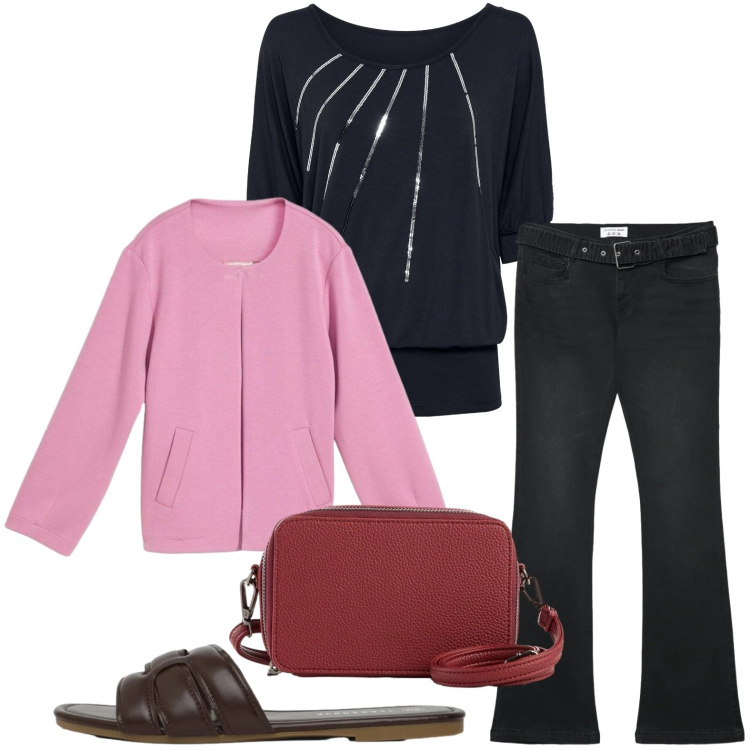 Outfit donna - Casual leggero. Stile Minimal per Tutti i giorni. Abbinamento con borse a tracolla, maglieria, blazer, ciabatte, jeans a zampa.