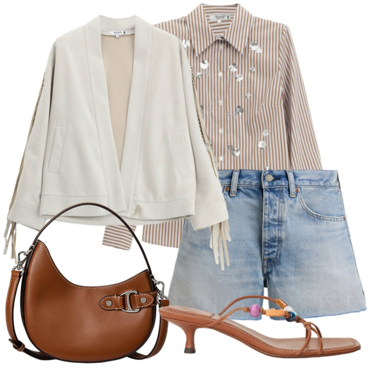 Outfit donna - Prima domenica al mare aprile. Stile Glamour per Mare. Abbinamento con blazer, camicie, borse a tracolla, shorts, sandali gioiello.