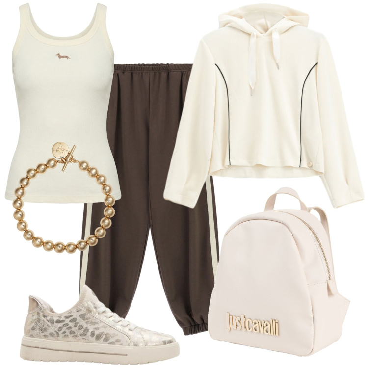 Outfit donna - Sporty chic. Stile Sporty chic per Tutti i giorni. Abbinamento con zaini, sneakers, pantaloni, felpe con cappuccio, canottiere, braccialetti.