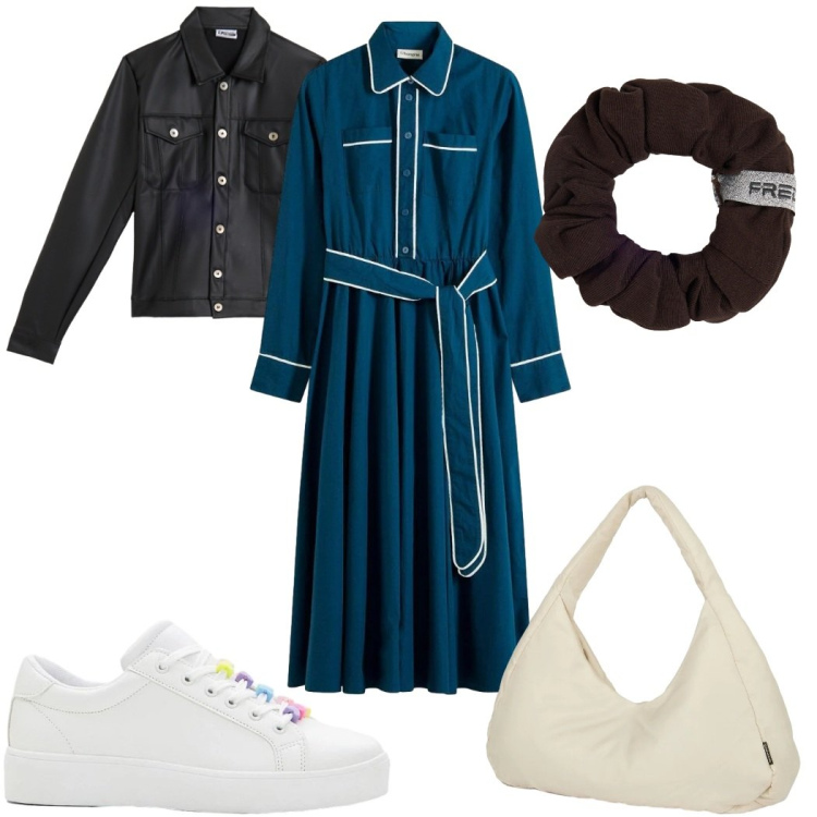 Outfit donna - Il vestito chemisier primaverile- basic. Stile Basic per Tutti i giorni. Abbinamento con vestiti chemisier, sneakers, giacche, accessori per capelli, borse a spalla.