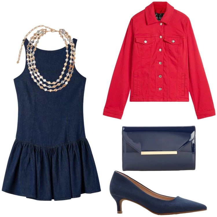 Outfit donna - Aperitivo slow. Stile Glamour per Serata fuori. Abbinamento con blazer, décolleté, pochette, vestiti corti, collane.