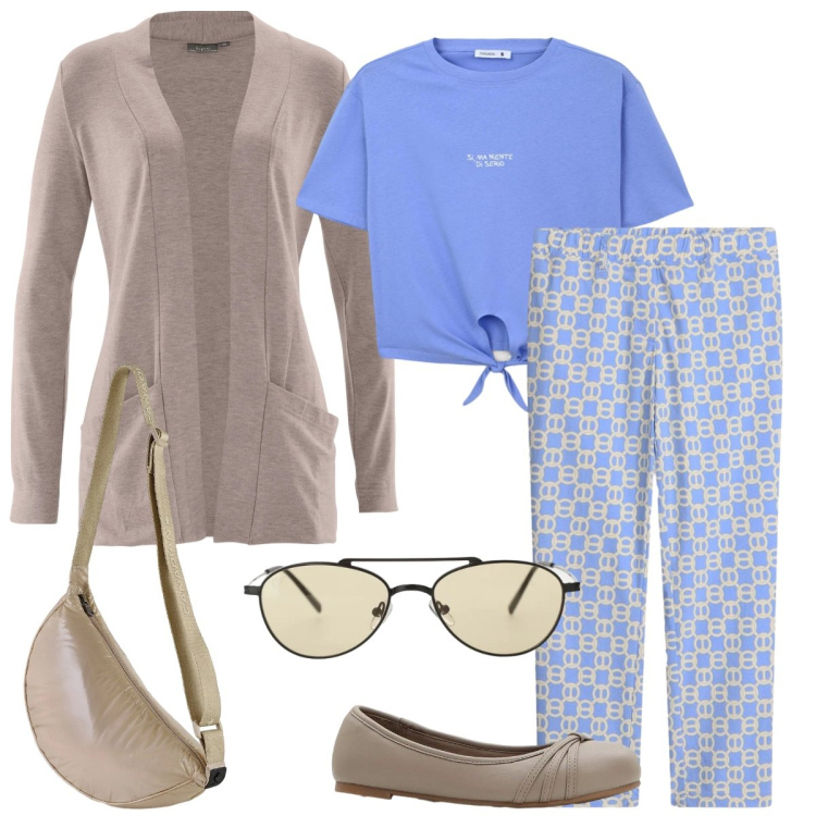Outfit donna - Domenica in relax. Stile Casual per Tutti i giorni. Abbinamento con cardigans, pantaloni, ballerine, t-shirt, occhiali da sole, borse a tracolla.