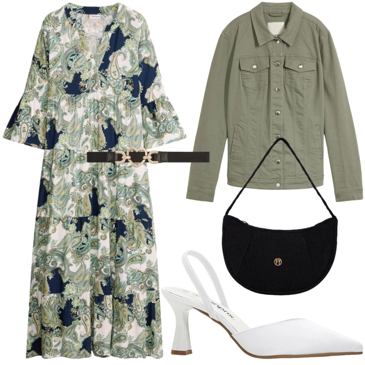 Outfit donna - Pastello floreale. Stile Urban per Tutti i giorni. Abbinamento con vestiti lunghi, blazer, décolleté, cinture, borse a mano.
