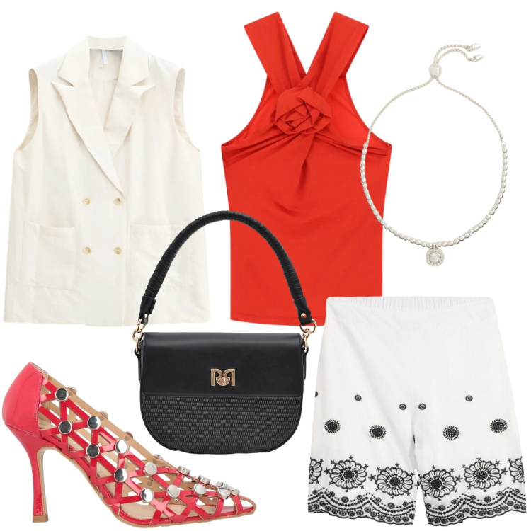 Outfit donna - Capi stilosi. Stile Urban per Tutti i giorni. Abbinamento con décolleté, shorts, gilet, canottiere, borse a spalla, braccialetti.