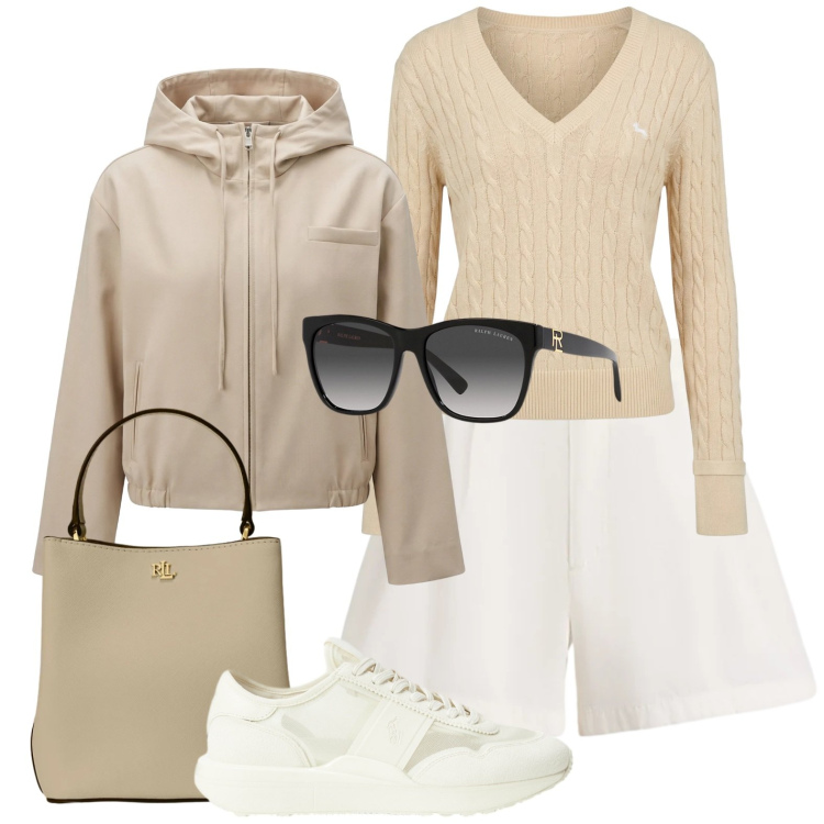 Outfit donna - Caffè a Forte dei Marmi. Stile Bon Ton per Mare. Abbinamento con cappotti, pullovers, occhiali da sole, sneakers, borse a secchiello, shorts.