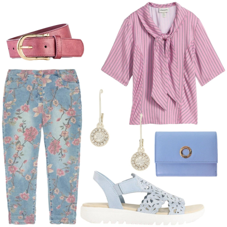Outfit donna - Denim floreale. Stile Urban per Tutti i giorni. Abbinamento con bluse, cinture, sandali, portafogli, jeans, orecchini.