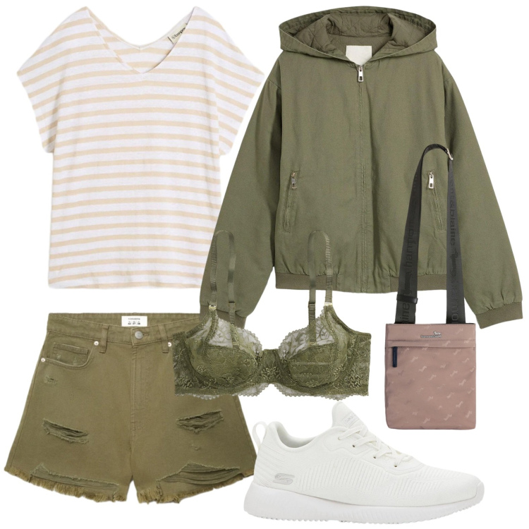 Outfit donna - Relax style. Stile Urban per Tutti i giorni. Abbinamento con t-shirt, blazer, sneakers, shorts, borse a tracolla, reggiseni.