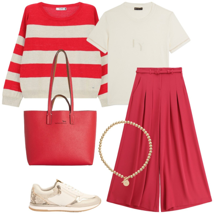 Outfit donna - Domenica in relax. Stile Casual per Tutti i giorni. Abbinamento con sneakers, pantaloni a palazzo, maglieria, shopping bag, t-shirt, collane.