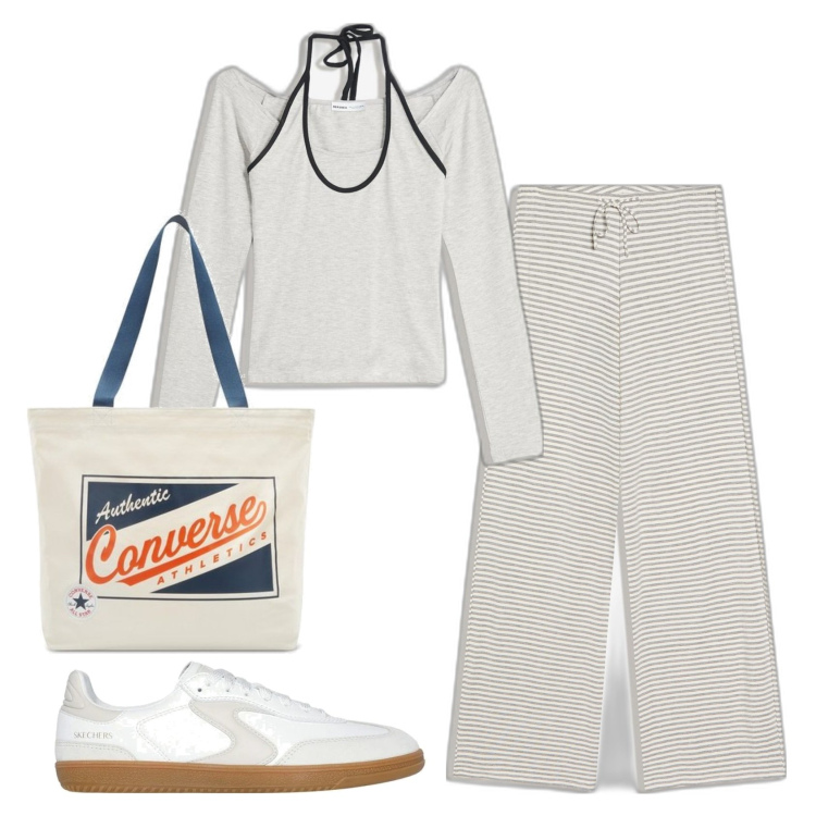 Outfit mujer - Casual look. Estilo Casual para Todos los días. Combinación con sneakers, camiseta, pantalones, bolso tote.