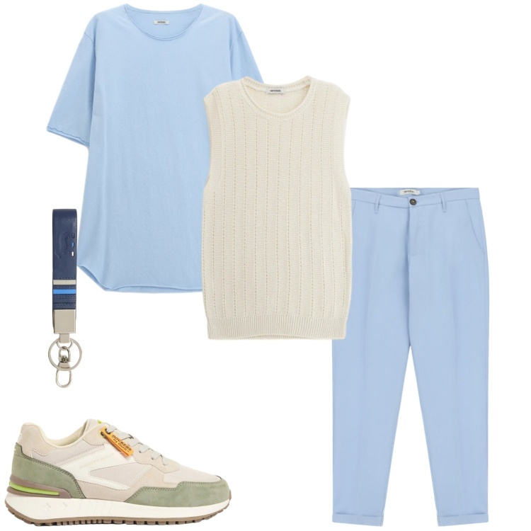 Outfit uomo - Colori chiari. Stile Trendy per Serata speciale. Abbinamento con sneakers, maglieria, t-shirt, pantaloni, portachiavi.