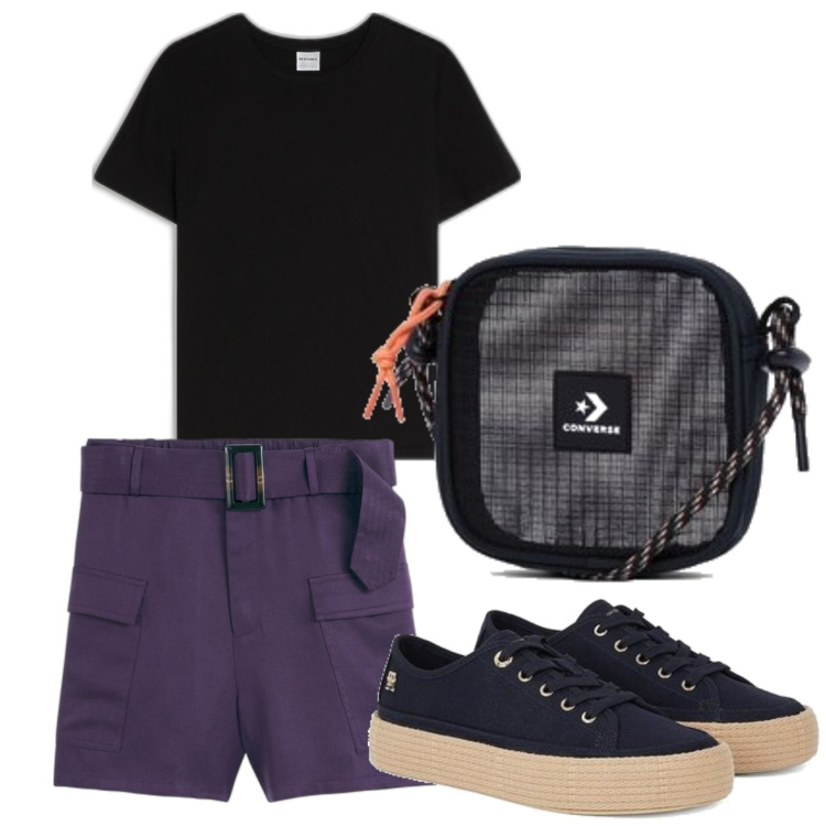 Outfit mujer - Casual look. Estilo Casual para Todos los días. Combinación con sneakers, shorts, camiseta, bandoleras.