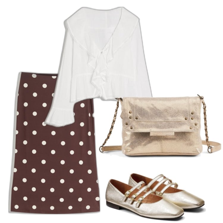 Outfit mujer - Casual chic. Estilo Casual chic para Todos los días. Combinación con falda longuette, blusas, bailarinas, bolsos de mano.