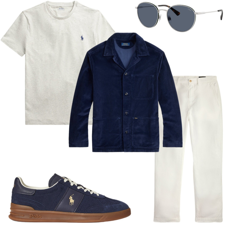 Outfit uomo - Ralph Lauren. Stile Urban per Ufficio. Abbinamento con t-shirt, sneakers, giacche, occhiali da sole, pantaloni.