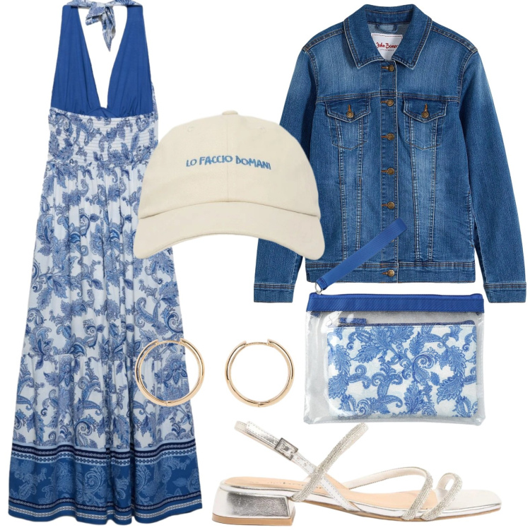 Outfit donna - Boho spring. Stile Boho per Tutti i giorni. Abbinamento con blazer, orecchini, sandali, cappelli con visiera, pochette, vestiti lunghi.