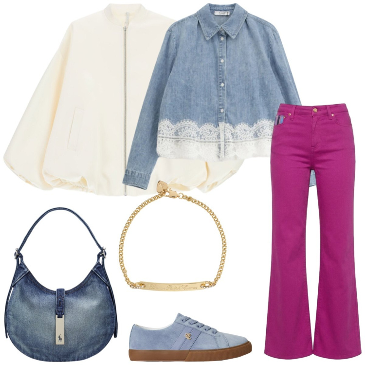 Outfit donna - Domenica in relax. Stile Casual per Tutti i giorni. Abbinamento con bomber, camicie, pantaloni, borse a spalla, braccialetti, sneakers.