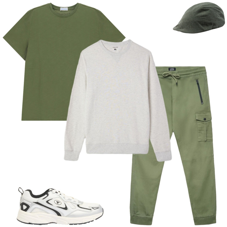 Outfit uomo - Aprile. Stile Casual per Tutti i giorni. Abbinamento con sneakers, felpe, pantaloni cargo, t-shirt, cappelli con visiera.