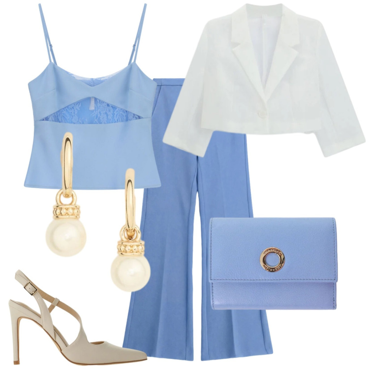 Outfit donna - Il battesimo di Matteo. Stile Chic per Cerimonia. Abbinamento con pantaloni, canottiere, portafogli, décolleté, blazer, orecchini.
