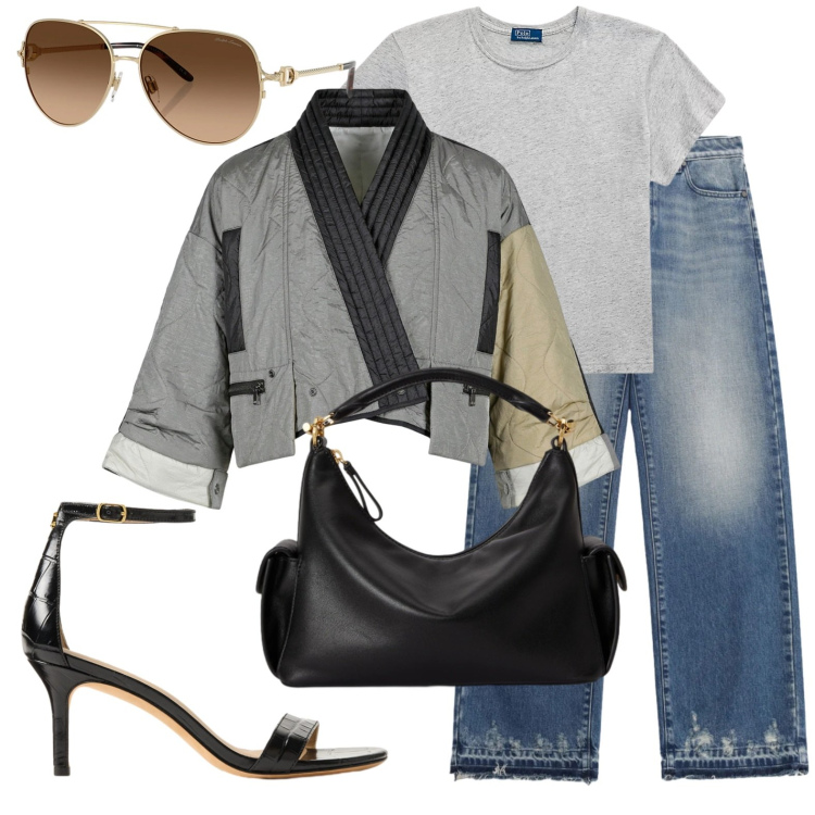 Outfit donna - Kimono corto. Stile Glamour per Serata fuori. Abbinamento con jeans, t-shirt, sandali in pelle, occhiali da sole, borse a spalla, kimono.