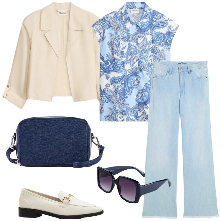 Outfit donna - Jeans in primavera. Stile Casual chic per Tutti i giorni. Abbinamento con jeans, occhiali da sole, blazer, mocassini, camicie a manica corta, borse a tracolla.
