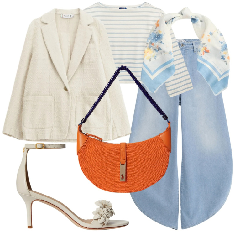 Outfit donna - Spruzzo di arancio. Stile Glamour per Tutti i giorni. Abbinamento con jeans, blazer, borse a spalla, sandali in pelle, foulard, t-shirt.