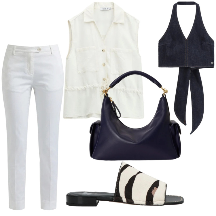Outfit donna - Effetto bicolor. Stile Minimal per Tutti i giorni. Abbinamento con sandali in pelle, gilet, top, pantaloni, borse a spalla.