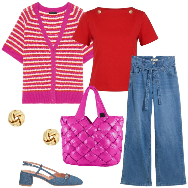 Outfit donna - Primavera in jeans. Stile Casual per Tutti i giorni. Abbinamento con décolleté, jeans, cardigans, t-shirt, borse tote, orecchini.