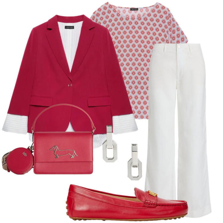 Outfit donna - Blazer rosso. Stile Casual chic per Tutti i giorni. Abbinamento con blazer, t-shirt, borse a tracolla, mocassini, orecchini, pantaloni.