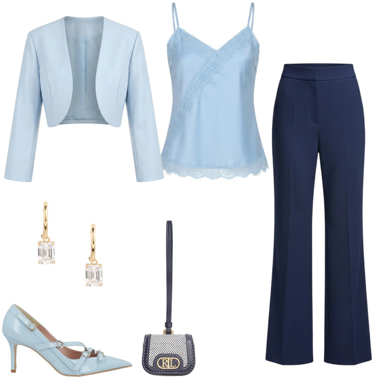 Outfit donna - Cerimonia. Stile Chic per Cerimonia. Abbinamento con décolleté, pantaloni a palazzo, top, bolero, orecchini, pochette.