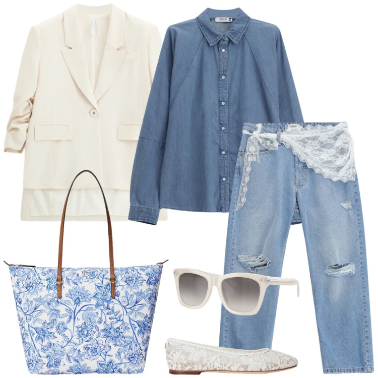 Outfit donna - Jeans romantico. Stile Romantica per Tutti i giorni. Abbinamento con blazer, camicie, jeans strappati, occhiali da sole, ballerine, borse tote.