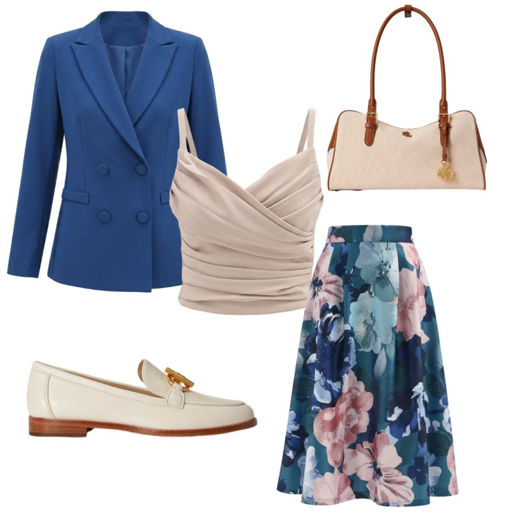 Outfit donna - Shopping in città. Stile Casual chic per Tutti i giorni. Abbinamento con gonne longuette, canottiere, blazer, mocassini, borse a mano.