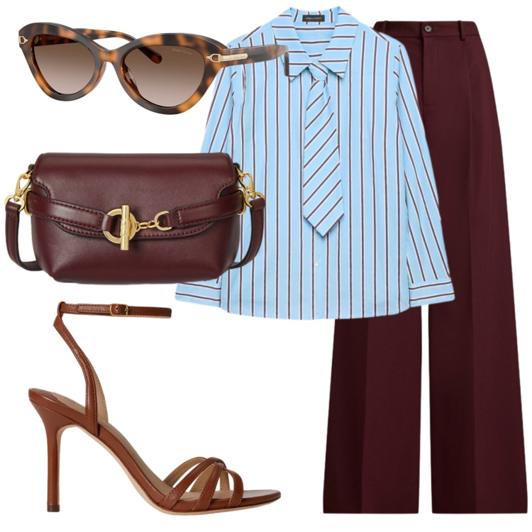 Outfit donna - Camicia con cravatta. Stile Glamour per Serata fuori. Abbinamento con camicie, pantaloni, occhiali da sole, borse a tracolla, sandali in pelle.