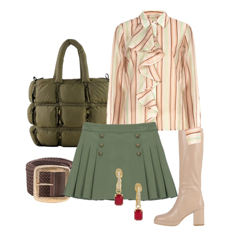 Outfit donna - Bon Ton Chic. Stile Casual chic per Tutti i giorni. Abbinamento con stivali, minigonne, camicie, borse a mano, orecchini, cinture.
