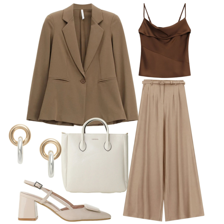 Outfit donna - Caffè al volo. Stile Basic per Ufficio. Abbinamento con pantaloni a palazzo, décolleté, blazer, canottiere, borse a tracolla, orecchini.