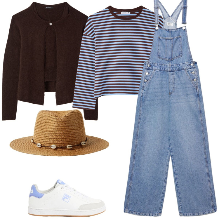 Outfit donna - Giardinaggio. Stile Casual per Tutti i giorni. Abbinamento con sneakers, t-shirt, cardigans, cappelli, salopette.