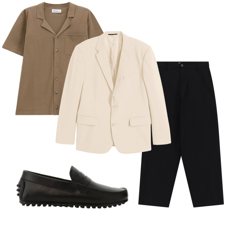 Outfit uomo - April. Stile Trendy per Tutti i giorni. Abbinamento con giacche, scarpe stringate, camicie a manica corta, pantaloni.