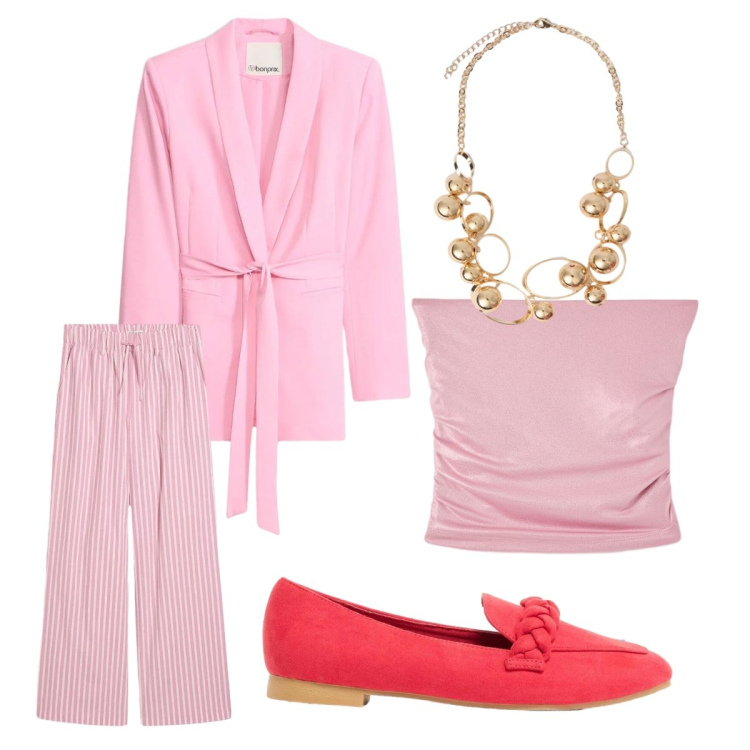 Outfit donna - Comunione. Stile Trendy per Cerimonia. Abbinamento con pantaloni a palazzo, blazer, mocassini, top, collane.