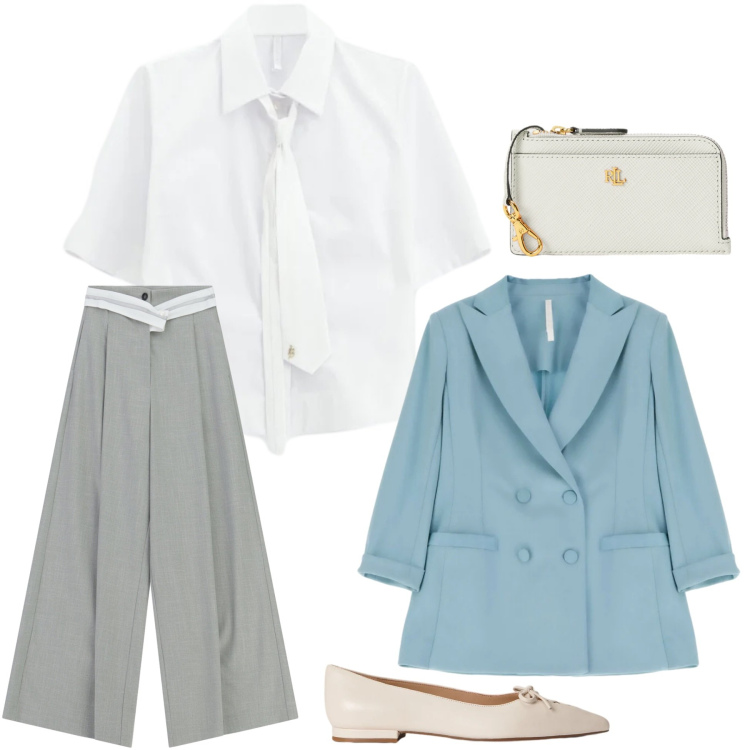 Outfit donna - Perché no. Stile Basic per Ufficio. Abbinamento con pantaloni a palazzo, blazer, camicie a manica corta, portafogli, ballerine.