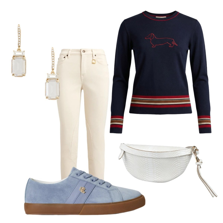 Outfit donna - Tutti i giorni H&B. Stile Sporty chic per Tutti i giorni. Abbinamento con marsupi, maglieria, jeans skinny, orecchini, sneakers.