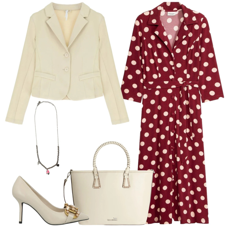 Outfit donna - La riunione. Stile Casual chic per Ufficio. Abbinamento con décolleté, vestiti chemisier, shopping bag, blazer, ciondoli.